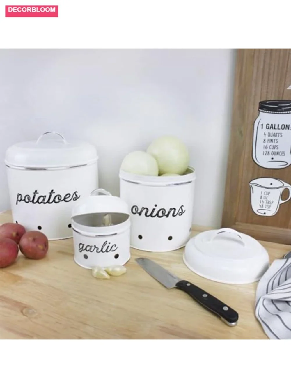 Rustic White Enamelware Potato Onion Garlic Canister Set of 3
